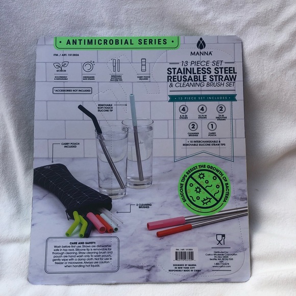 NWT Manna Stainless Steel Reusable Straws 13pc Set - Picture 5 of 14